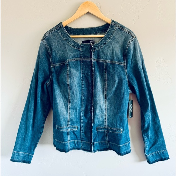 Kut From The Kloth Jean Jacket Remade Raw Hem Denim Collarless Trucker Jacket 1X - Picture 3 of 16